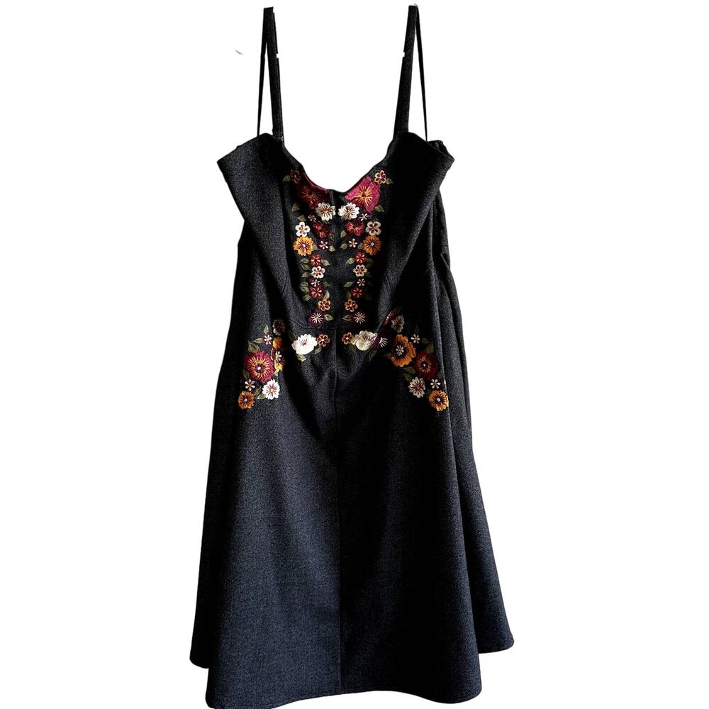 Eshakti Dress Floral Embroidered Adjustable Straps A Line Flowy Charcoal Gray 3X